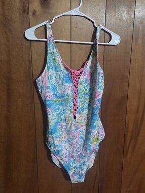 Lilly Pulitzer Isle Lattice Blue Pink Swimsuit One Piece Size 12